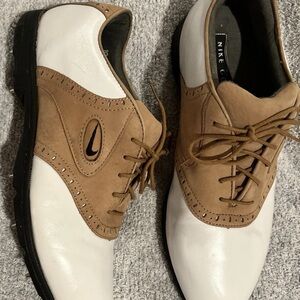 Nike Golf Leather Shoes Mens Size 10 White Tan Lace Up Comfort Casual Spikes